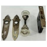 Antique Glass Door Knob Set with Ornate Escutcheons