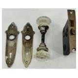 Antique Glass Door Knob Set with Ornate Escutcheons