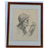 Joni Eareckson - Framed Pen and Ink Print - Portrait of a Man Smoking a Pipe