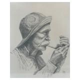 Joni Eareckson - Framed Pen and Ink Print - Portrait of a Man Smoking a Pipe