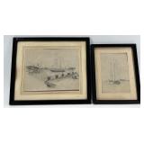 Pair of Vintage Harbor Scene Pencil Drawings
