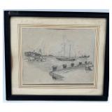 Pair of Vintage Harbor Scene Pencil Drawings
