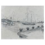 Pair of Vintage Harbor Scene Pencil Drawings