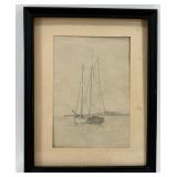 Pair of Vintage Harbor Scene Pencil Drawings