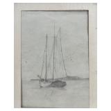 Pair of Vintage Harbor Scene Pencil Drawings