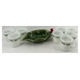 CorningWare Holly Days Mugs (8) & Susan Winget Leaf Dish