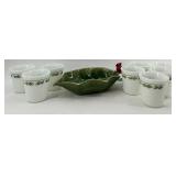CorningWare Holly Days Mugs (8) & Susan Winget Leaf Dish