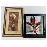 Framed Botanical Print in Ornate Gold Frame and Metal Floral wall Sculpture