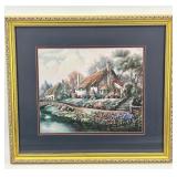 Framed Landscape Painting of Cottage in Bloom