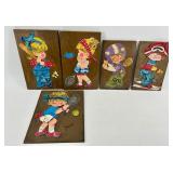 Vintage MCM Hand Painted Wooden Wall Panels - Cartoon Children Playing Sports
