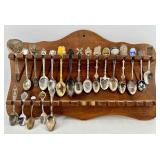Vintage Wooden Spoon Rack & Assorted Souvenir Spoons