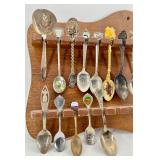 Vintage Wooden Spoon Rack & Assorted Souvenir Spoons