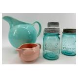Mason Jars with Zinc Lids, Hoosier Jar, Lu-Ray Pitcher & Pink Bowl