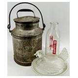 Antique Galvanized Cream Can, Bridgman Milk Bottle & Glass Hen on(Lot of 3)