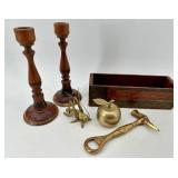 Pair Of Hand-Carved Polish Wood Candle Holders, Wooden Cheesebox, Brass Cricket, Apple and Bottle Opener