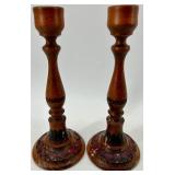 Pair Of Hand-Carved Polish Wood Candle Holders, Wooden Cheesebox, Brass Cricket, Apple and Bottle Opener