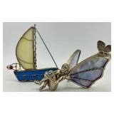 Sailboat Glass & Metal Sculpture with Fairy Butterfly Sculpture