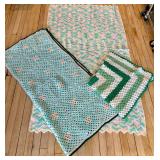 Three Crochet Afghans - Blue & Pink, Green & White, Pink, Green, Yellow & Blue