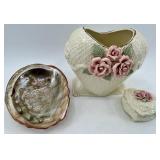 Capodimonte Style Vase & Lidded Bowl With Pink Roses - Oyster Shell