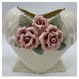 Capodimonte Style Vase & Lidded Bowl With Pink Roses - Oyster Shell