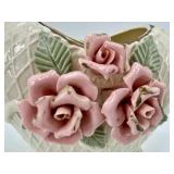 Capodimonte Style Vase & Lidded Bowl With Pink Roses - Oyster Shell