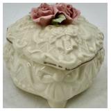 Capodimonte Style Vase & Lidded Bowl With Pink Roses - Oyster Shell