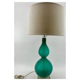 Teal Glass Table Lamp with Beige Drum Shade