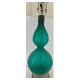 Teal Glass Table Lamp with Beige Drum Shade