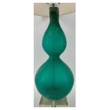 Teal Glass Table Lamp with Beige Drum Shade