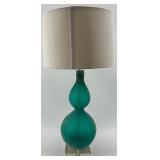 Teal Glass Table Lamp with Beige Drum Shade