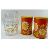 J. L. Clark Glass Pitcher & Floral Canisters - Rockford IL USA (Lot of 3)