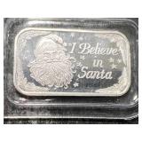 1 TROY OZ .999 FINE SILVER I BELIEVE IN SANTA BAR