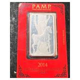 2014 LUNAR HORSE SERIES 1 TROY OZ .999 FINE SILVER PAMP BAR