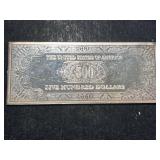 4 TROY OZ .999 FINE SILVER $500 BILL DESIGNED BAR