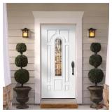 ^Masonite Providence 36 in. x 80 in. 7 Panel Right-Hand Inswing 1/4 Lite Center Arch Primed White Steel Prehung Front Door Msrp $786.00