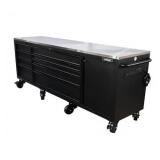 ^Husky 96 in. W x 24 in. D 9-Drawer Heavy-Duty Mobile Workbench with Stainless Steel Top in Matte Black Msrp $1,449.99