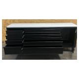 ^Husky 96 in. W x 24 in. D 9-Drawer Heavy-Duty Mobile Workbench with Stainless Steel Top in Matte Black Msrp $1,449.99