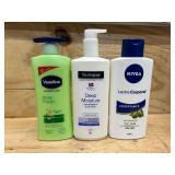 Vaseline Intensive Care Aloe Fresh, Neutrogena Norwegian Formula Deep Moisture, and NIVEA Leche Corporal Hidratante body lotions (lot of 3)