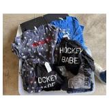 Large Collection of New Graphic Shirts Including MAMA Hoodies, Hockey Babe Sweatshirts, and Sota T-Shirts Mixed Sizes