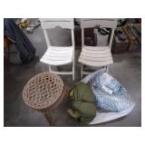2 folding Chairs, table, sleeping bag and Picnic table cover