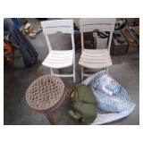 2 folding Chairs, table, sleeping bag and Picnic table cover