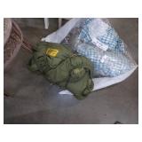2 folding Chairs, table, sleeping bag and Picnic table cover