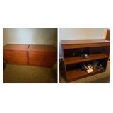 (2) Wood lateral 2-drawer file cabinets and bookshelf