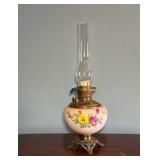 Antique oil lamp with handpainted base and chimney