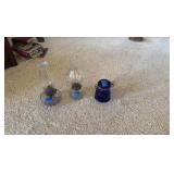 (2) Vintage oil lamps, cobalt blue jar, glass chimney