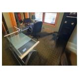 L-Shaped glass desk, chair, and 2 filing cabinets
