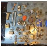 Assorted metal items. brass locks and keys etc.