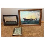 Boat themed art: 2 paintings and 1 stamp sheet