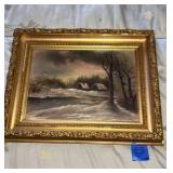 Ornate framed oil painting of a winter setting, signed