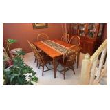 Dining wood table with 6 spindle back chairs L66” x D44” x H30”